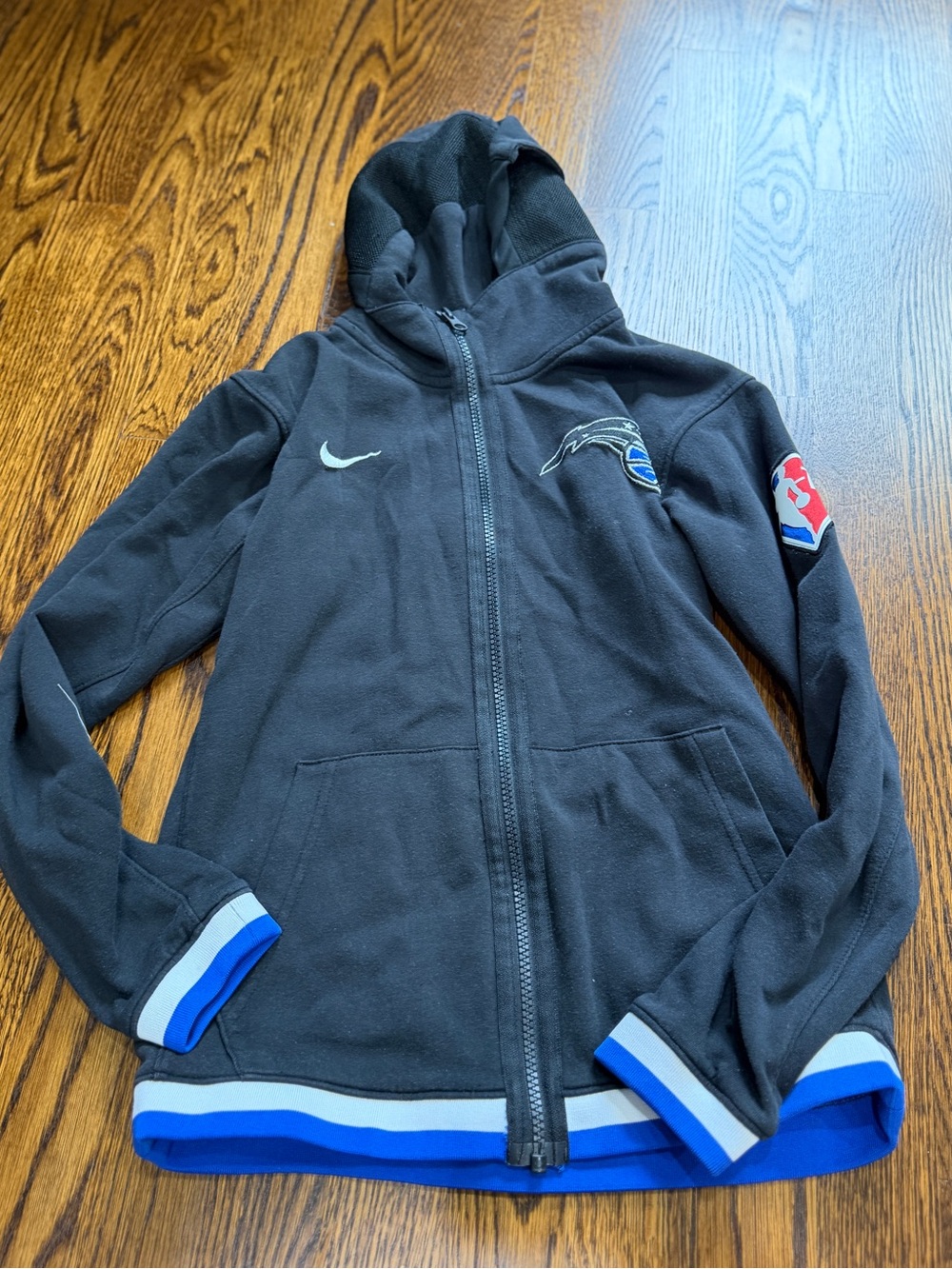 Nike Black Hooded Zip Jacket with Blue & White Trim, Orlando magic hoodie